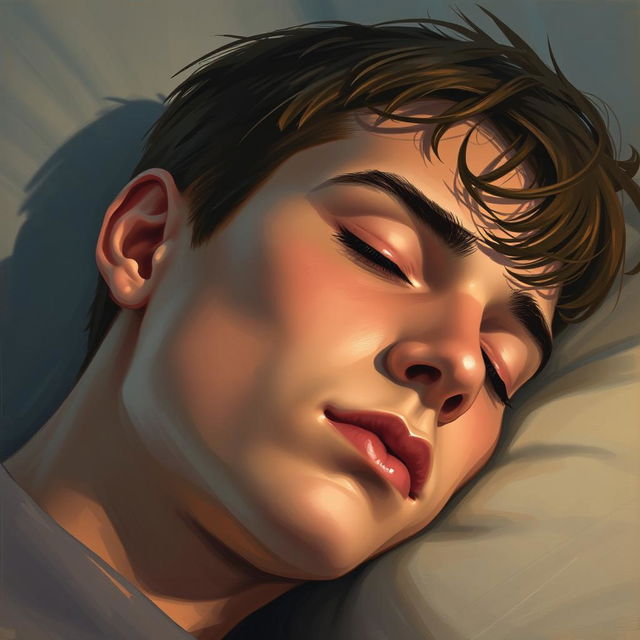 A young male with closed eyes, deeply asleep, depicted in a close-up view