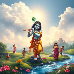 A serene and vibrant depiction of Lord Krishna's life, showcasing iconic scenes such as his childhood in Vrindavan playing with friends, enchanting the gopis while playing the flute, lifting the Govardhan Hill, and engaging in playful pastimes with Radha