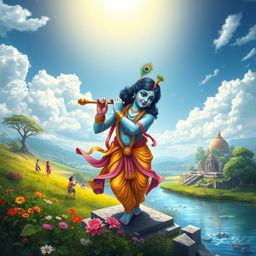 A serene and vibrant depiction of Lord Krishna's life, showcasing iconic scenes such as his childhood in Vrindavan playing with friends, enchanting the gopis while playing the flute, lifting the Govardhan Hill, and engaging in playful pastimes with Radha