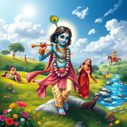 A serene and vibrant depiction of Lord Krishna's life, showcasing iconic scenes such as his childhood in Vrindavan playing with friends, enchanting the gopis while playing the flute, lifting the Govardhan Hill, and engaging in playful pastimes with Radha