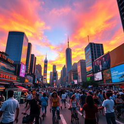 A dynamic and energetic scene showcasing a lively cityscape during sunset
