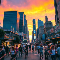 A dynamic and energetic scene showcasing a lively cityscape during sunset