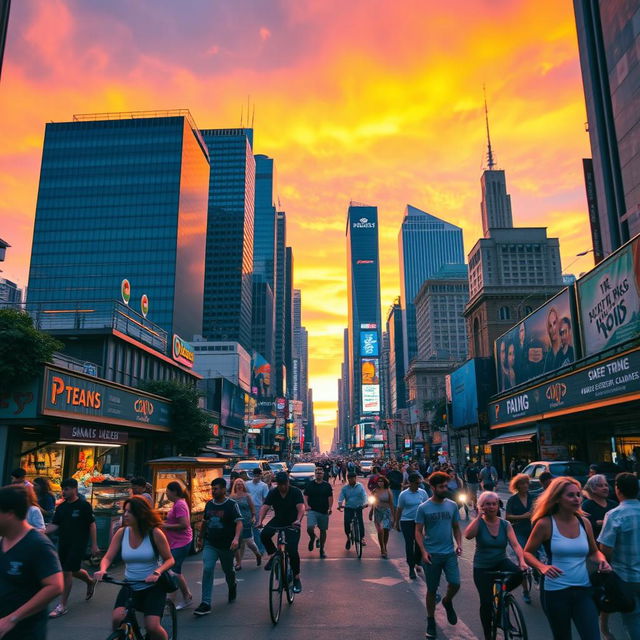 A dynamic and energetic scene showcasing a lively cityscape during sunset