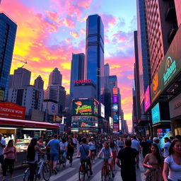 A dynamic and energetic scene showcasing a lively cityscape during sunset