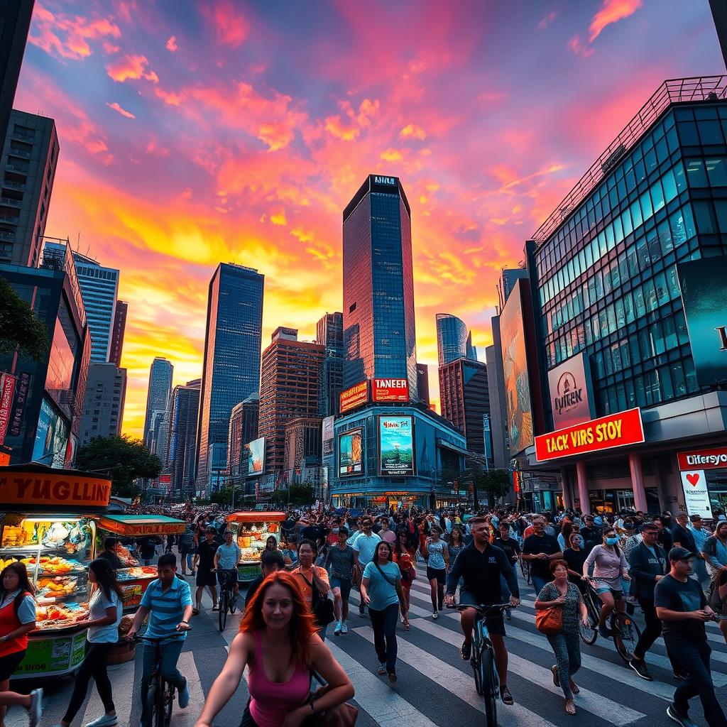 A dynamic and energetic scene showcasing a lively cityscape during sunset