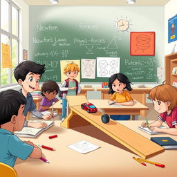 An engaging and colorful illustration of a physics classroom, where students are actively experimenting with dynamics concepts