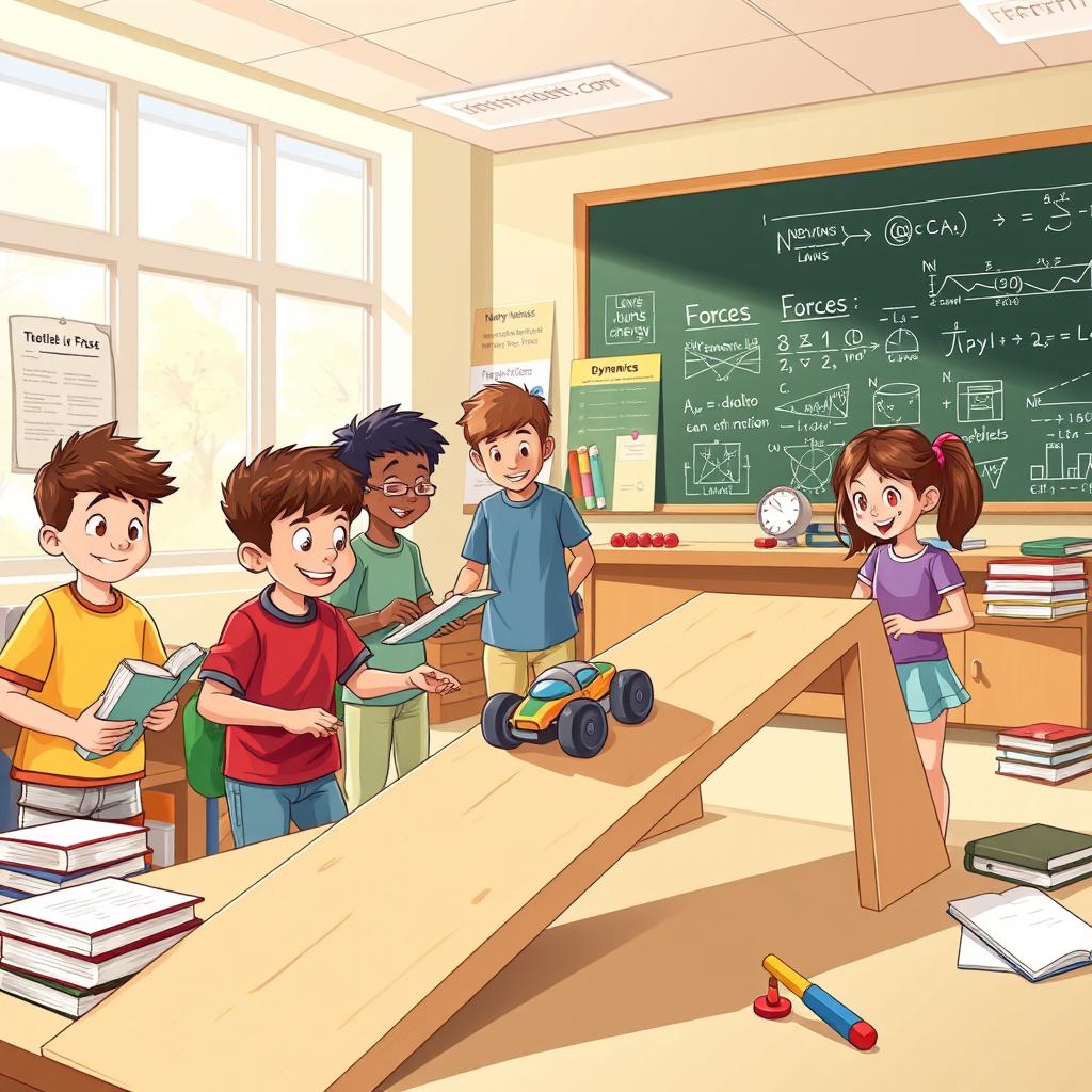 An engaging and colorful illustration of a physics classroom, where students are actively experimenting with dynamics concepts