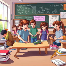 An engaging and colorful illustration of a physics classroom, where students are actively experimenting with dynamics concepts