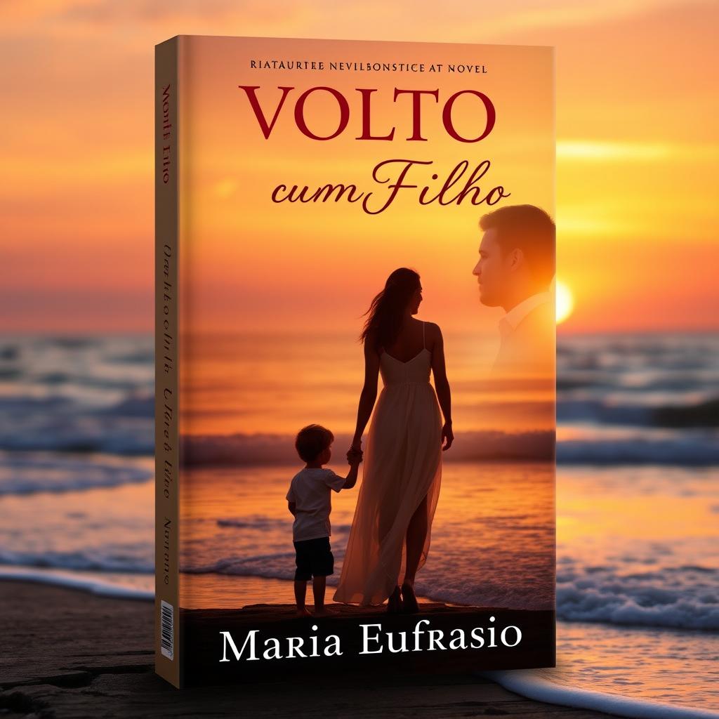 An enchanting book cover for a romance novel titled 'Volto com um Filho', highlighting themes of love, second chances, and emotional complexity