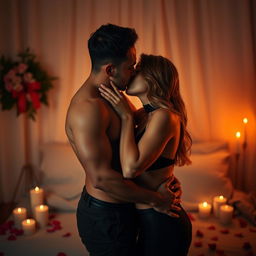 A sensual, intimate moment between two adults in a softly lit room, showcasing their connection and passion