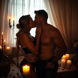 A sensual, intimate moment between two adults in a softly lit room, showcasing their connection and passion