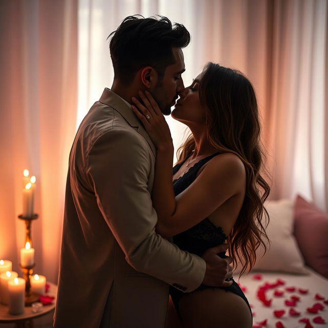 A sensual, intimate moment between two adults in a softly lit room, showcasing their connection and passion