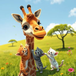 A whimsical scene featuring a giraffe playfully interacting with three adorable kittens