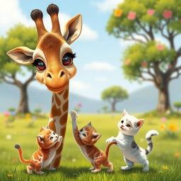 A whimsical scene featuring a giraffe playfully interacting with three adorable kittens