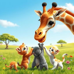 A whimsical scene featuring a giraffe playfully interacting with three adorable kittens