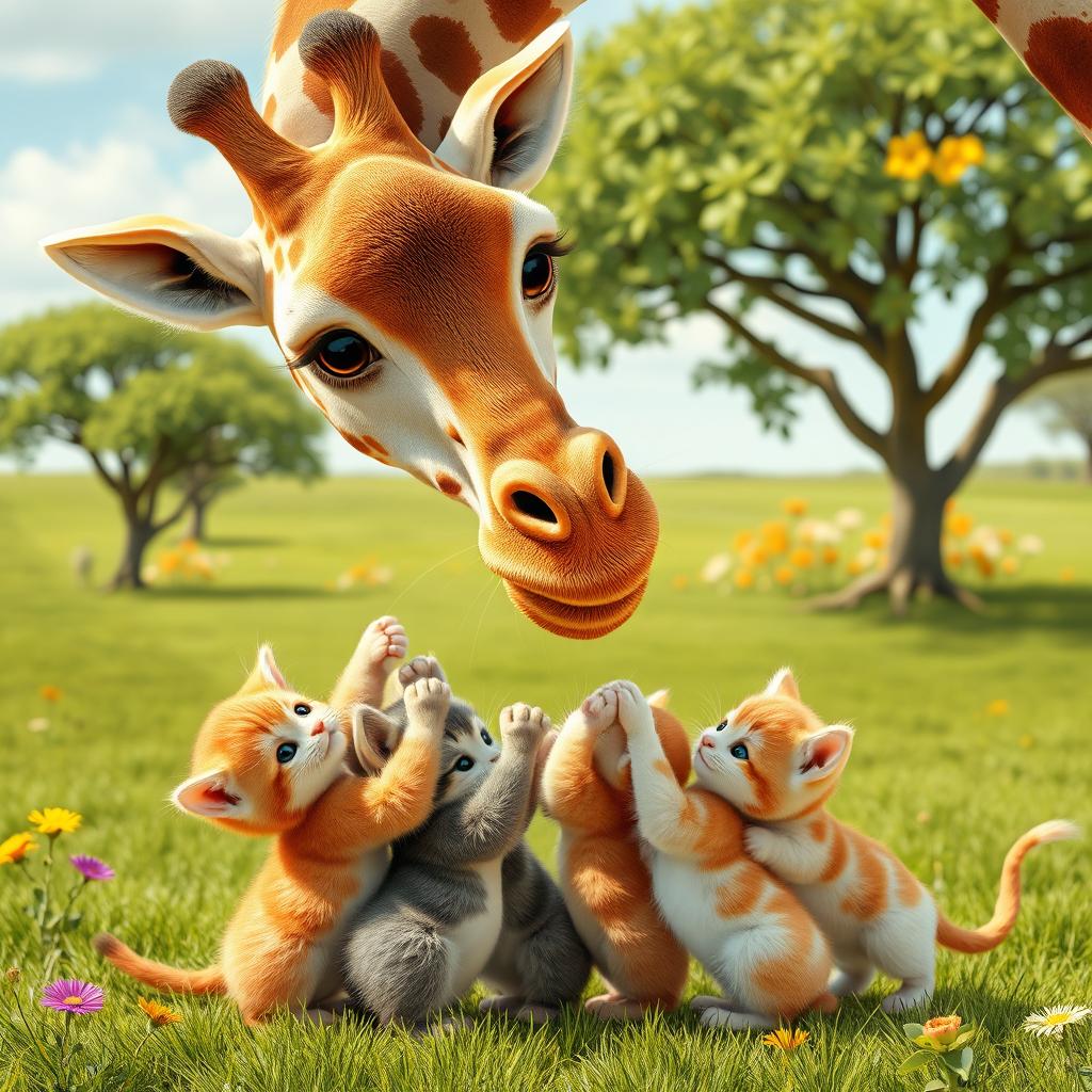 A whimsical scene featuring a giraffe playfully interacting with three adorable kittens