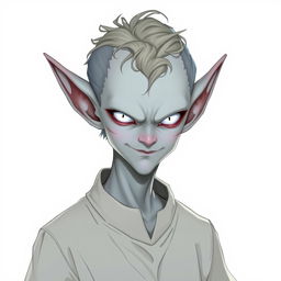 A male Changeling character with clear grey skin and striking white eyes, exuding a blend of foolishness, evil, and intelligence