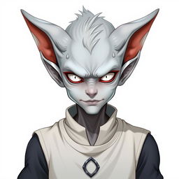 A male Changeling character with clear grey skin and striking white eyes, exuding a blend of foolishness, evil, and intelligence