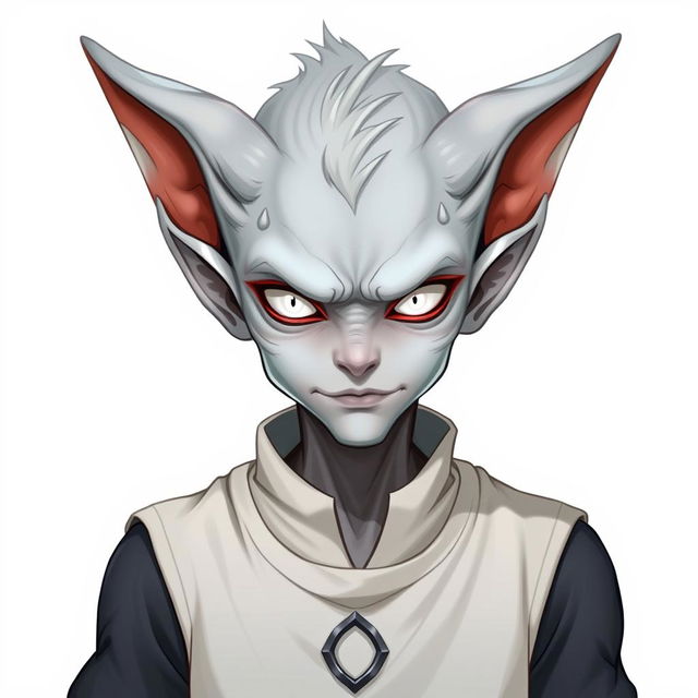 A male Changeling character with clear grey skin and striking white eyes, exuding a blend of foolishness, evil, and intelligence