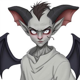 A male Changeling character with clear grey skin and striking white eyes, exuding a blend of foolishness, evil, and intelligence