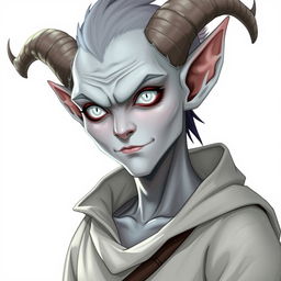 A male Changeling character with clear grey skin and striking white eyes, exuding a blend of foolishness, evil, and intelligence