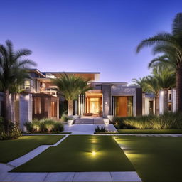 A modern house with subtle elements of royalty, including luxurious furnishings, cutting-edge architecture, and exquisite landscaping.