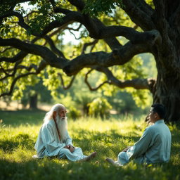 An elderly sage with a calm expression, wearing a long white robe, is in a lush green meadow
