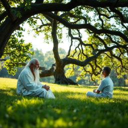 An elderly sage with a calm expression, wearing a long white robe, is in a lush green meadow