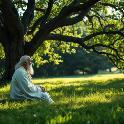 An elderly sage with a calm expression, wearing a long white robe, is in a lush green meadow