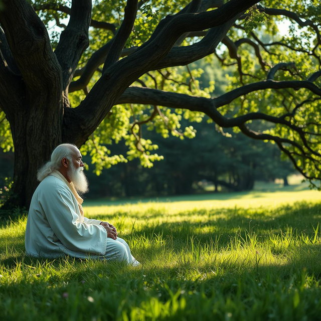 An elderly sage with a calm expression, wearing a long white robe, is in a lush green meadow