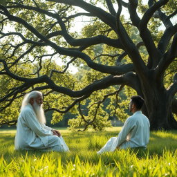 An elderly sage with a calm expression, wearing a long white robe, is in a lush green meadow