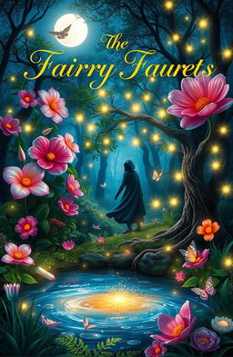 Create a captivating book cover featuring a magical forest with vibrant, oversized flowers and twinkling fairy lights