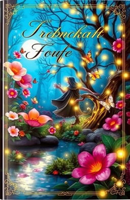 Create a captivating book cover featuring a magical forest with vibrant, oversized flowers and twinkling fairy lights