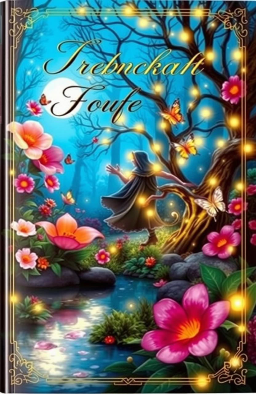 Create a captivating book cover featuring a magical forest with vibrant, oversized flowers and twinkling fairy lights