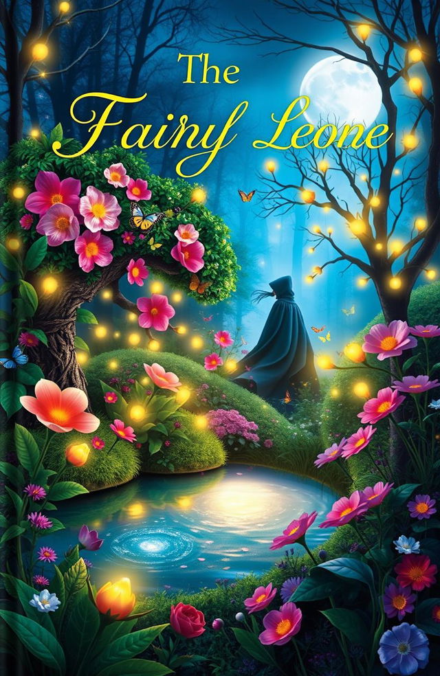 Create a captivating book cover featuring a magical forest with vibrant, oversized flowers and twinkling fairy lights