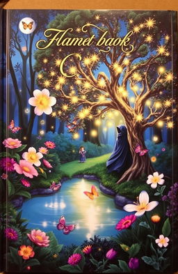 Create a captivating book cover featuring a magical forest with vibrant, oversized flowers and twinkling fairy lights