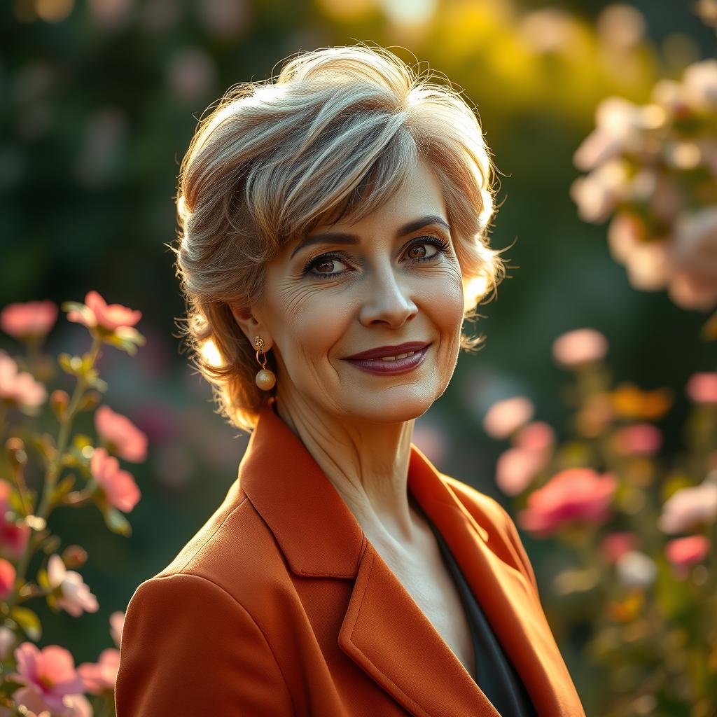 An elegant and artful portrait of a mature woman, exuding charm and sophistication