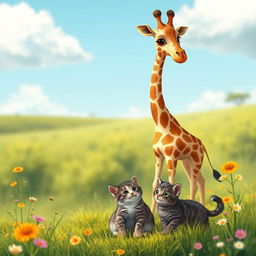 A whimsical scene depicting a tall, elegant giraffe peacefully standing in a lush green savannah, alongside a cute cat with sleek fur