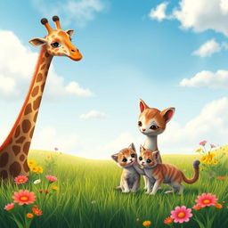A whimsical scene depicting a tall, elegant giraffe peacefully standing in a lush green savannah, alongside a cute cat with sleek fur