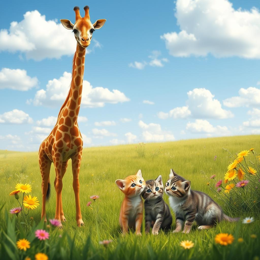 A whimsical scene depicting a tall, elegant giraffe peacefully standing in a lush green savannah, alongside a cute cat with sleek fur