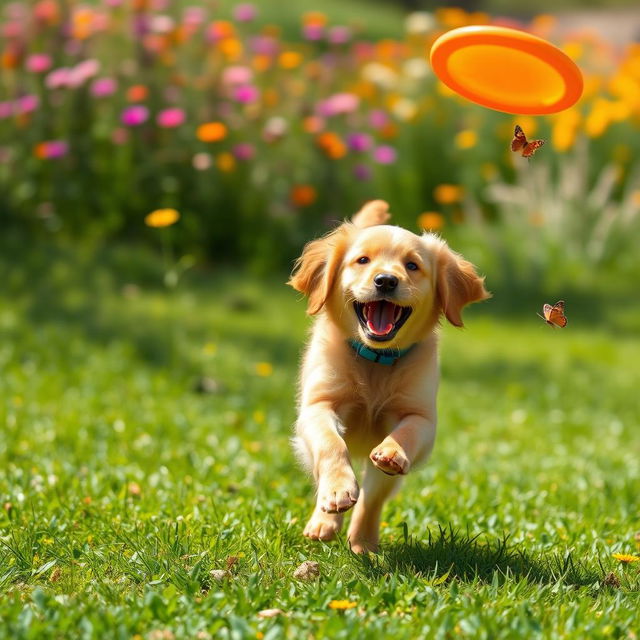 A playful golden retriever puppy bouncing around in a sunny park, with bright green grass and colorful wildflowers in the background