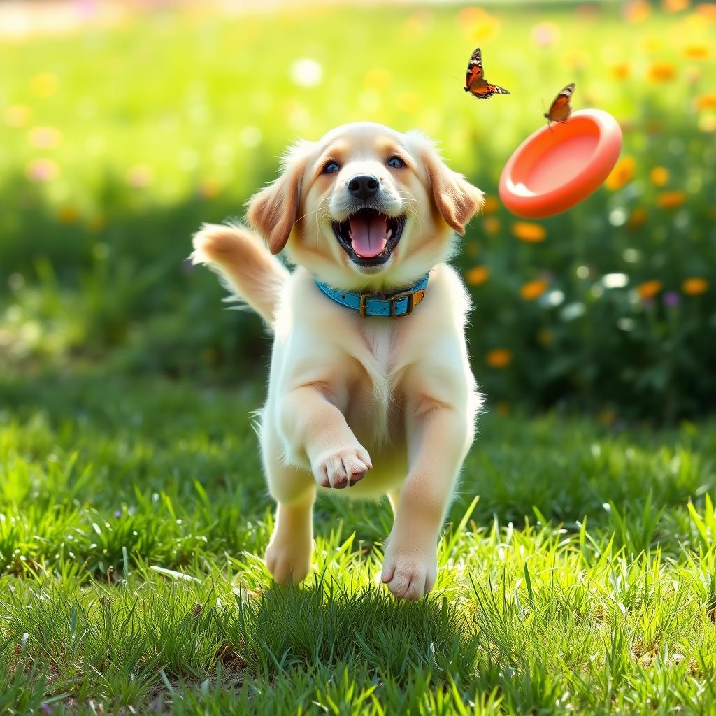 A playful golden retriever puppy bouncing around in a sunny park, with bright green grass and colorful wildflowers in the background