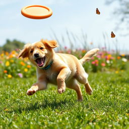 A playful golden retriever puppy bouncing around in a sunny park, with bright green grass and colorful wildflowers in the background