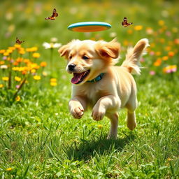 A playful golden retriever puppy bouncing around in a sunny park, with bright green grass and colorful wildflowers in the background