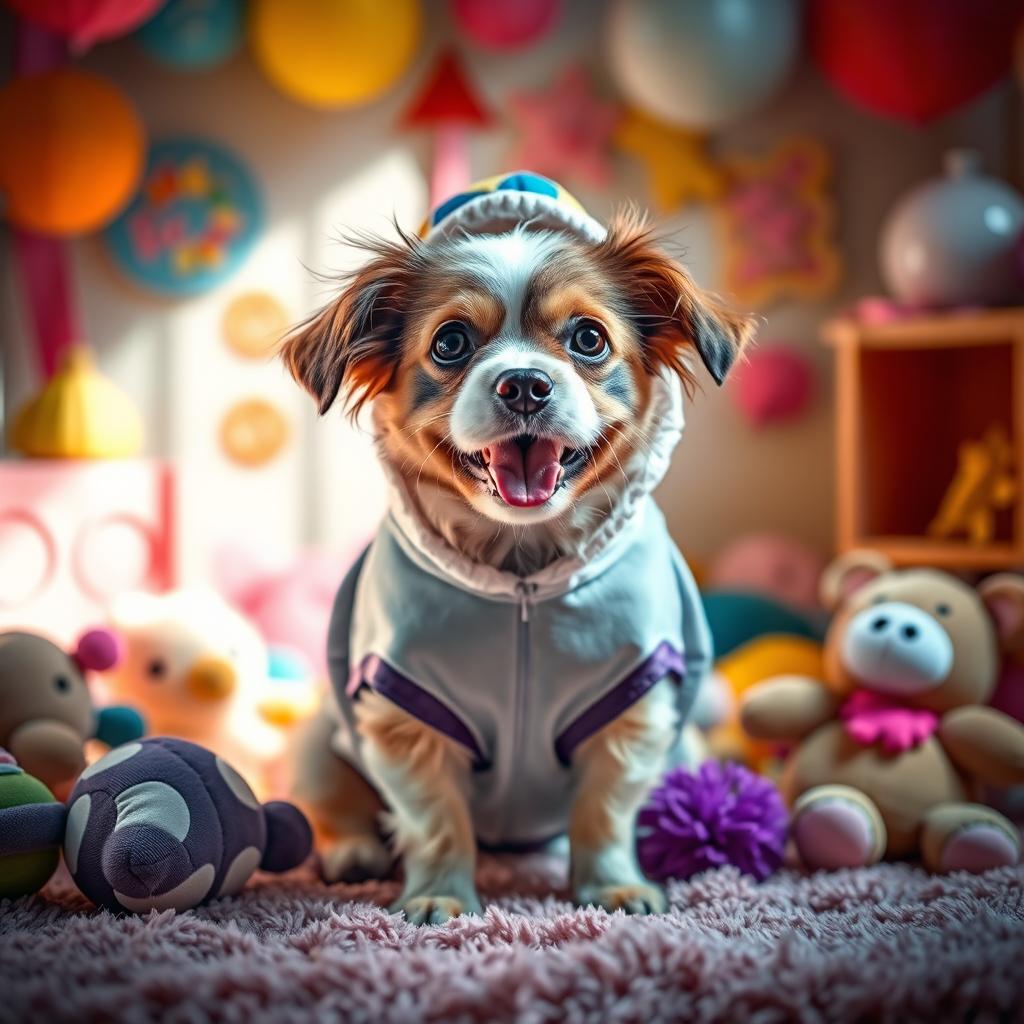 A sensual scene featuring a playful dog in a whimsical, stylized setting, with colorful decorations and a warm atmosphere