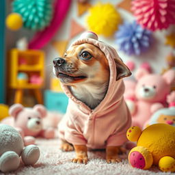 A sensual scene featuring a playful dog in a whimsical, stylized setting, with colorful decorations and a warm atmosphere