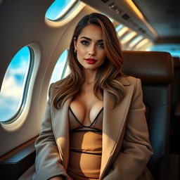 A sexy 30-year-old woman sitting in the airplane, wearing an elegant coat over a sheer top that subtly reveals her curves