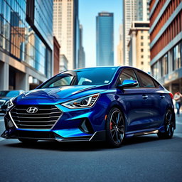 A custom-designed car featuring a unique fusion of designs: the front end inspired by an Omoda model with sleek, modern lines and an aggressive grille, while the rear section resembles an Accent with its rounded shape and elegant taillights
