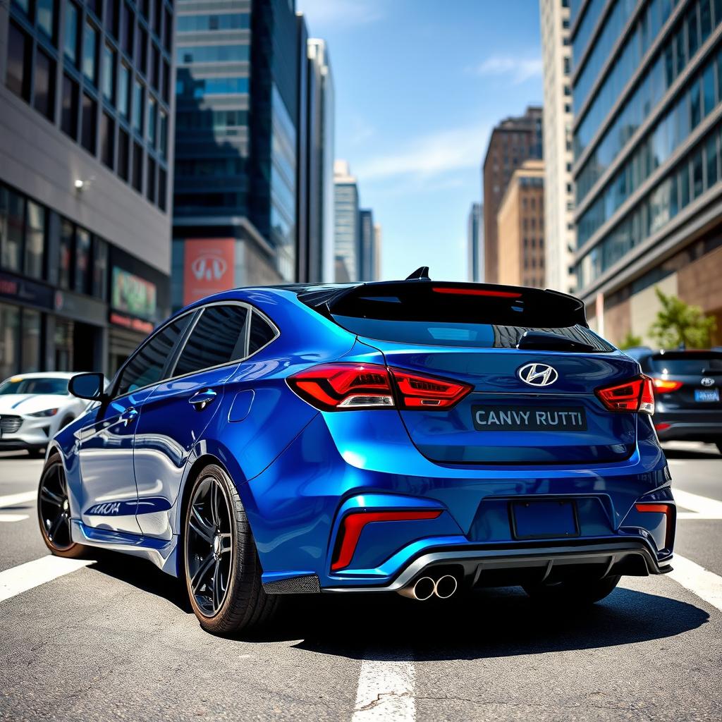A custom-designed car featuring a unique fusion of designs: the front end inspired by an Omoda model with sleek, modern lines and an aggressive grille, while the rear section resembles an Accent with its rounded shape and elegant taillights