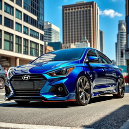 A custom-designed car featuring a unique fusion of designs: the front end inspired by an Omoda model with sleek, modern lines and an aggressive grille, while the rear section resembles an Accent with its rounded shape and elegant taillights